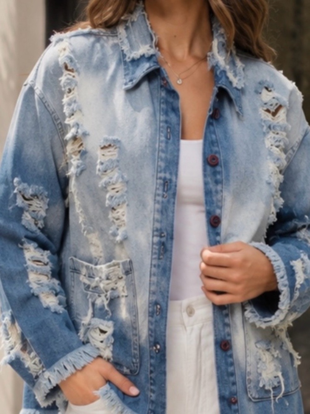 Vibrant Washed Blue Distressed Denim Jacket - Picture 11 of 12